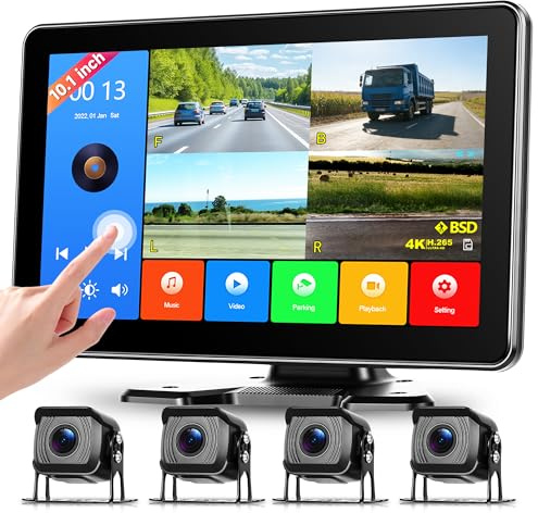 Telecamere Retromarcia 4 Telecamere Kit con Mirror Link, 10.1 Pollici Touchscreen, 1080P Telecamera Posteriore IP68 Impermeabile Visione Notturna/BSD/Loop Video per Camion/Bus/Furgoni/Camper/Caravan