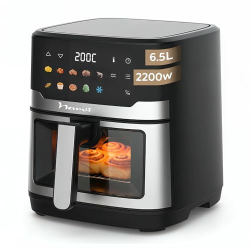 Narvi Freidora de Aire Doble Resistencia 6 5L - 2200W - Ventana Visible - 10 Menús - Cocción sin Girar Alimentos - 80–200°C - Panel Digital Táctil Apta para Lavavajillas sin BPA ni PFOA
