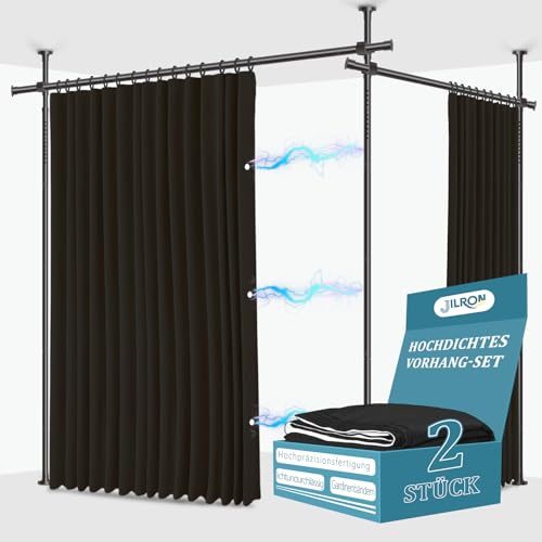 JILRON Gardinstänger utan borrning, perfekt för hyreslägenheter och sovrum (2 svarta gardiner: H 243 x B 270 cm, stång: H 109–305 x B 182–508 cm)
