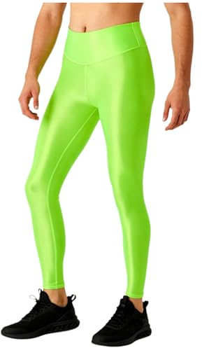 Freebily Herren Leggings Ölig Glanz Strumpfhose Ohne Fuß Tights Glossy Nylon Sport Tights Unterhose Lang Neon L