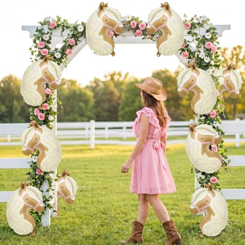 10 Stück Pferde Luftballon, Folienballon Pferd mit Rosa Schleife, Große Helium Ballons Tier Luftballon, Western Cowgirl Pferdekopf Luftballons Partydeko für Kindergeburtstag Geburtstagsdeko Mädchen