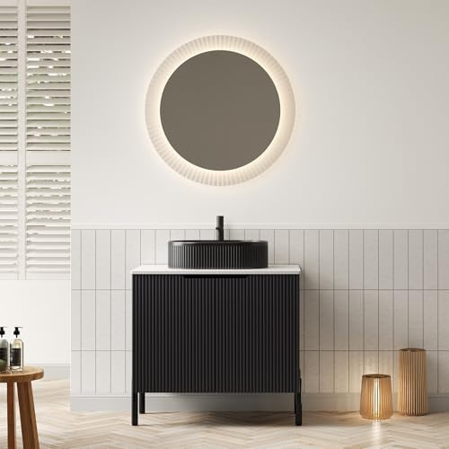 Generisch Tocador de baño independiente de 76 cm con lavabo de cerámica ovalado a rayas negras, encimera de piedra Carrara sinterizada blanca, armario de doble puerta en negro