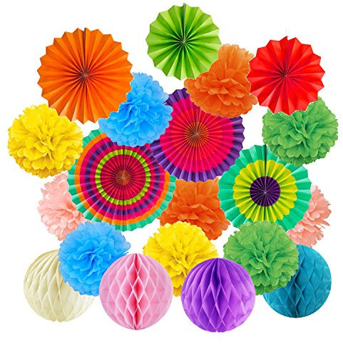 ZERODECO Multicolor Party Decorations, Hanging Paper Fans Tissue Paper Pom Poms Flower and Honeycomb Balls for Birthday Party Wedding Festival Christmas Decorations