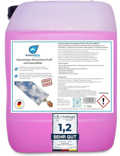 KaiserRein Glasreiniger Konzentrat mit Lotuseffekt 10L - Professioneller Fensterreiniger für streifenfreien Glanz auf Glas, Fenstern und Spiegeln - Fenstersauger geeignet