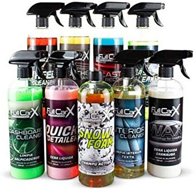 AutoFullCar - Kit Limpieza Coche Interior y Exterior FullCarX | 9 Productos de 750 ml. Unidad - Car Detailing - Limpia Llantas, Salpicaderos, Cristales, Asientos Textil, Plásticos, Cera Líquida, etc.