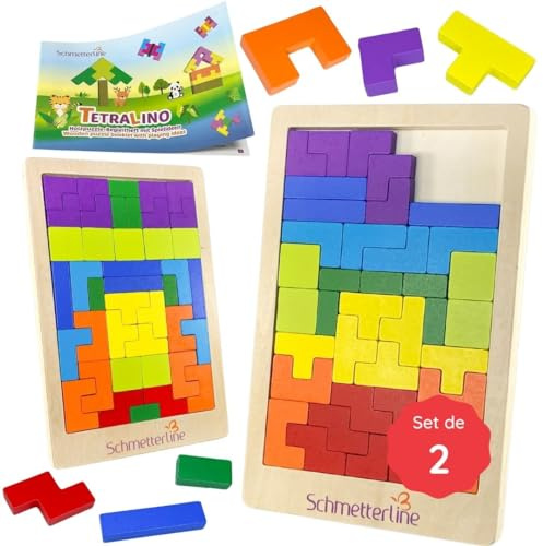 SCHMETTERLINE® Montessori Holzpuzzle ab 3 Jahren – 2er Set Tangram Lernspiel mit 88 Bausteinen & Ersatzteilen – Lernspielzeug aus Holz zur Förderung von Logik, Kreativität & Feinmotorik
