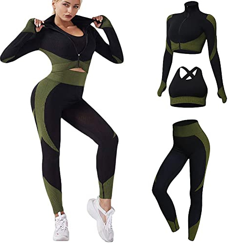 Veriliss Damen 3teiliger Gym Trainingsanzug Nahtlose Laufbekleidung Fitness Kleidung Jogginganzug Reißverschluss Kapuzen Tennis Laufen Set