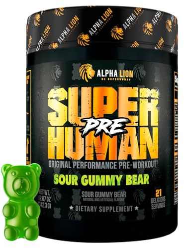 ALPHA LION Superhuman Pre Workout Powder, Beta Alanine, L-Taurine & Tri-Source Caffeine for Sustained Energy & Focus, Nitric Oxide & Citrulline for Pump (21 Servings, Sour Gummy Bear Flavor)