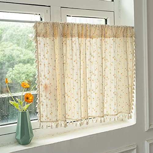 vctops Boho Daisy Floral Cotton Cafe Curtains with Tassels Rod Pocket Short Kitchen Curtain, 1 Panel (Daisy,52x18)