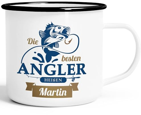 SpecialMe® Emaille-Tasse Name Geschenk Angeln Spruch Die besten Angler heißen Wunschname personalisierte Geschenke Weiss-schwarz Emailletasse