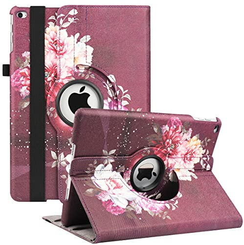 Fodral för iPad 9,7 tum 5,/6. Generation (2017/2018), iPad Air 2, iPad Air – 360 graders justerbart skyddsfodral som automatiskt väcker/vakna (lila Peony)