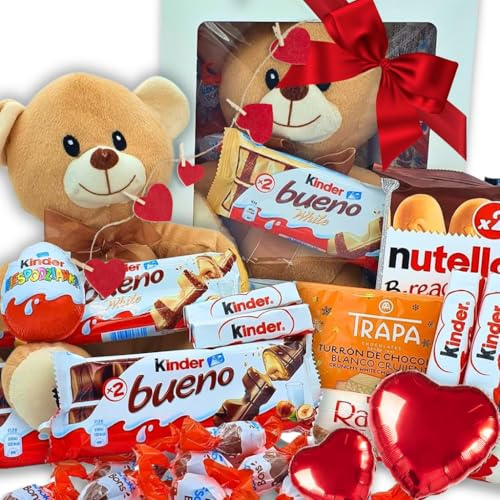 Caja Regalo Chocolate Kinder - Raffaelo con Osito de Peluche. Regalo Original con Chocolate para Aniversarios, San Valentin. [IAMI] (Osito Marron) | Huevo con sorpresa | Barritas de avellana y barquillo | Coco, almendra y crema de cacao | Tono marrón