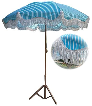 GQJNHUI Parasol pour Balcon Et Extérieur,2M Parapluie De Plage en Dentelle Rayée Bleue,Grand Parapluie avec Dentelle À Pompon,Angle Réglable 8 Baleines Sac De Transport Léger