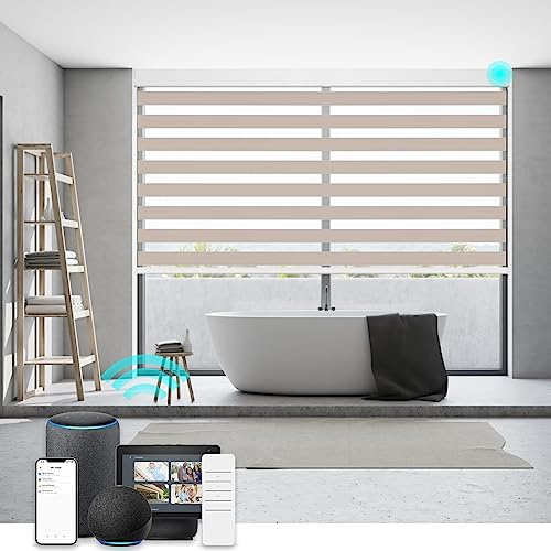 Changshade Smart Motorized Zebra Blinds Blackout for Indoor Windows Sliding Glass Doors Remote Control, Custom Size Automatic Shades Electric Power 85% Black Out Room Darkening Easy Install, Beige