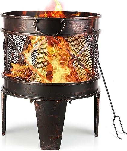 TLGREEN Cuenco para Fuego de Jardín, 58 x 45 x 42 cm,Cesta de Fuego con Asas y Atizador, para el jardín de Campamento, Aspecto Antiguo de óxido