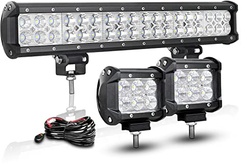 RIGIDON 45cm 108W LED Arbeitsscheinwerfer Bar mit 12V Kabelbaum kit, 2 Pcs 10cm 18W Flutlicht Led Scheinwerfer Offroad Wasserdicht für 4x4 Auto Traktor SUV ATV 6000K Weiß Zusatzscheinwerfer