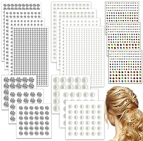 2548 Pcs Bijoux de Cheveux Strass, Perles de Visage et Breloques de Cheveux Auto-Adhésifs, Bijoux Autocollants Diamants