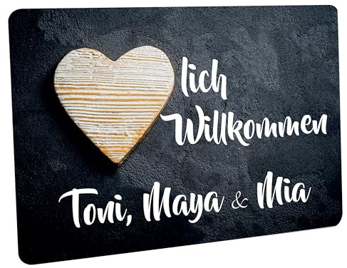 Fußmatte personalisiert - robuste, rutschfeste Fussmatte für Außen & Innen - waschbare Schmutzfangmatte - Fußabtreter Türmatte für aussen & an der Haustür - 60x40cm - Herz mit Schieferhintergrund