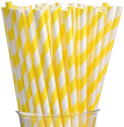 ALINK 100 Yellow Stripes Paper Straws, Biodegradable Disposable Drinking Straws for Christmas, Brithday, New Year, Party Decoration Supplies