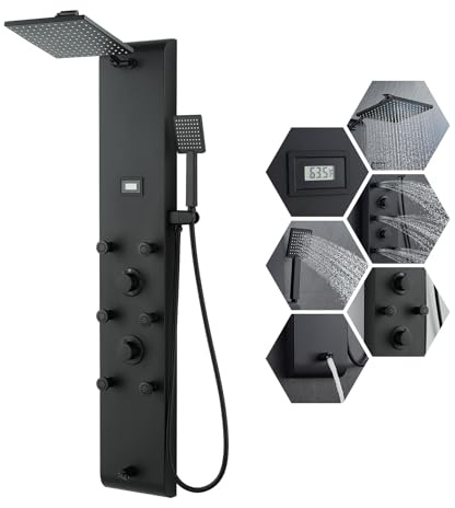 MENATT Stainless Steel Shower Panel Tower System with Height Adjustable Rainfall Shower Head, 4 in 1 Shower Panels with 6 Body Jets, Handheld Shower, Tub Spout, Brushed