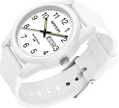 Montre à quartz analogique pour homme et femme - Étanche jusqu'à 50 m - Bracelet en silicone décontracté - Avec date, jour de la semaine, aiguilles luminescentes - Grands chiffres, Blanc et noir.