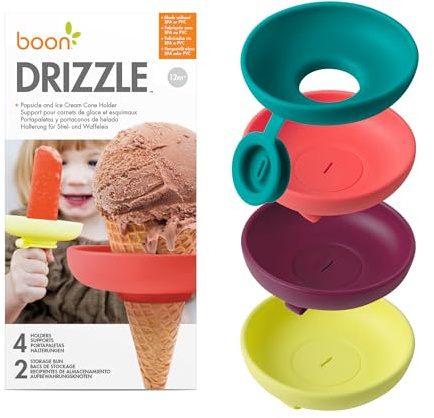 Boon Drizzle Popsicle Holders for Kids - Includes 2 On-the-Go Travel Cases - Catches Drips Before They Drop - Frozen Popsicle and Ice Cream Holder for Summer Days and Birthday Popsicle Party - 4 Count | Silicone Drip Catcher, For Frozen Treats And Ice Cream Cones, Dishwasher Safe, Kids And Toddler Essentials, 2 Travel Cases