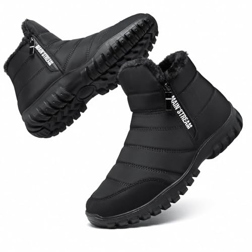 Snow Boots Men Winter Fur Lining Warm Ankle Booties with Zip Mid Calf Boots Thermal Anti-slip Outdoor Walking Hiking Shoes Black