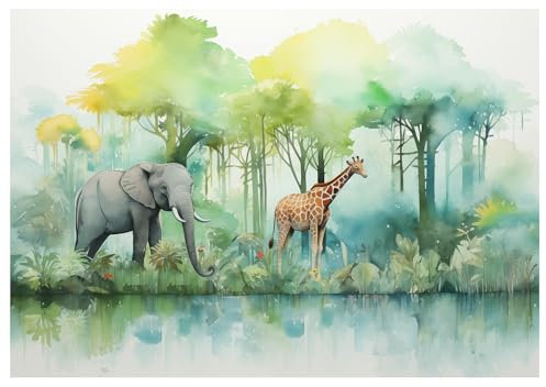 WallArena - Vlies Fototapete Kinderzimmer 100x75 cm Wald Tiere Dschungel Aquarell - Fototapeten Tapeten für Kinder Kindertapete Kinderzimmertapete - Vliestapete Wandtapete Tapete 3D Effekt