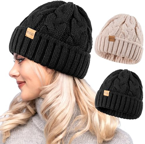 PIOZAED Bonnet d'hiver tricoté pour Femme Chaud Bonnet pour 2 Packs