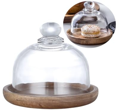 4inch Glass Dessert Dome with Wood Base,Round Mini Cake Stand Cake Plate | Small Cakes Plate Wooden Plates Fruit Display Server Tray for Kitchen,Wedding,Appetizer Dessert Cheese Serving