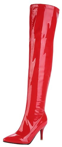 HSyc JRX Damen Lack Overknee Stiefel mit Stiletto Absatz und Reißverschluss High Heels Lang Stiefel