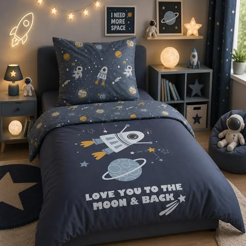 Bettwäsche Set für Jungen und Mädchen 135x200 80x80 cm · Süße Kinderbettwäsche aus 100% Baumwolle mit Reißverschluss · Welltall Weltraum Bettwäsche mit Planeten Rakete Sterne Mond und Liebes-Spruch