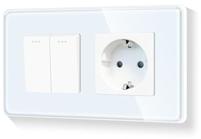 LIAONFOY Runde Schuko 2 Fach 1 Weg Unterputz Lichtschalter Glasrahmen Tasten Schalter Ein Aus Schalter mit Einzelsteckdose Gekurbte Kanten rahmen Weiß 110-250V 157mm