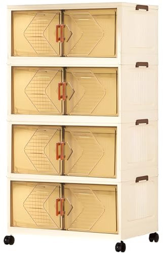 GEMMAHW Boîte Rangement Plastique avec Couvercle, Caisses Pliables avec Roulette, Armoire Empilable Transparente, Bac Tour de Rangement Mobile pour Chambre, Salon, Cuisine, Bureau - 56L, 4 Bac