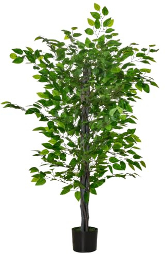 HOMCOM Künstlicher Ficusbaum groß 135 cm Kunstpflanze im Topf wie echt | Plastik, Künstliche Pflanzen Ficus, Kunstbaum, mit Zement, Kunstgras, für Wohnzimmer Schlafzimmer Büro Garten