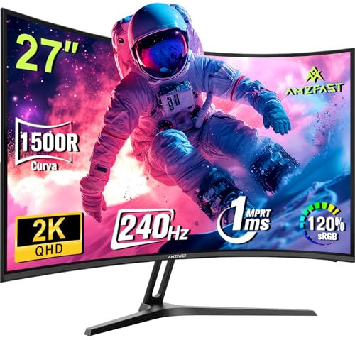 Amzfast Curved Gaming Monitor 27 Zoll - 240Hz, QHD 2560x1440, 1ms MPRT, Adaptive Sync, 1500R Kurve | HDR10, 90% DCI-P3, HDMI 2.0x2, DP 1.4x2, VESA, Blaulichtfilter, AMZG27C1Q Pro