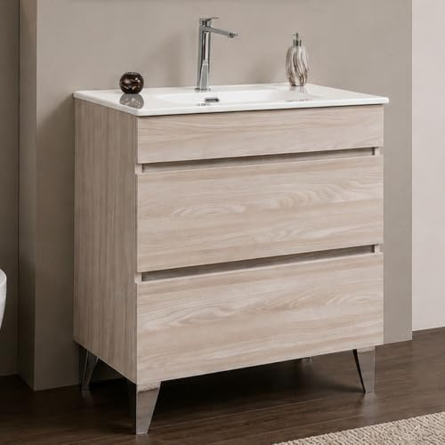 Yellowshop | Mobile Bagno Musa 100 cm - Composizione Completa con Lavabo Ceramica e 2 cassetti con Guida Soft-Close - Finitura Olmo (Mobile con Lavabo)