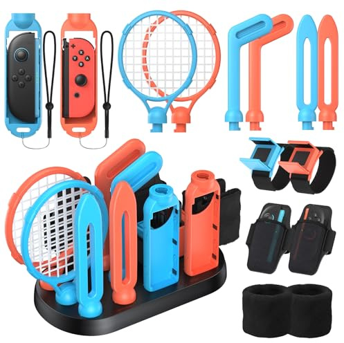 Zubehör Set für Switch 2/1/OLED für Switch Sports ,FASTSNAIL Zubehör Bundle für Nintendo Switch 2 für Joy Con, mit Armband, Beingurte, Tennisschläger, Golfschläger, Schwerter, Griffe