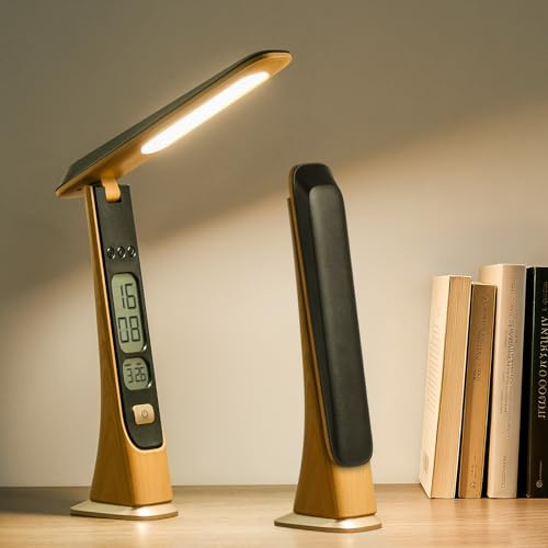 Bokefo Lampada da Scrivania LED, 3 Colori, Ricaricabile 1800mAh, con Orologio, Controllo Tattile, Pieghevole