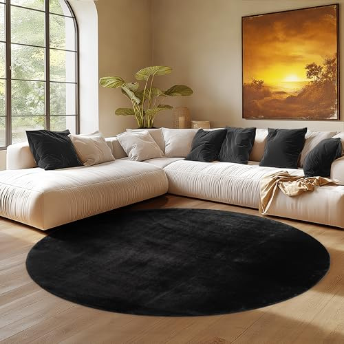 SIMPEX Alfombra Redonda Negro 160 cm Alfombra de Pelo Corto Lavable, Redonda, Antideslizante y Suave, Diseño Monocromático Moderno para Sala, Dormitorio, Cocina y Habitación Infantil