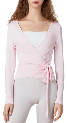 Kouoybt Women's Wrap Tie Top Long Sleeve Ballet Workout Yoga Shirt Y2K Coquette Blouses V Neck Cross Front Shirt (A-Pink, M)