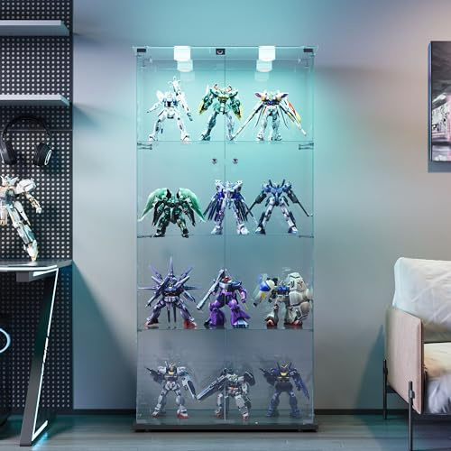 HYNHXBP - Glasmonter (163 x 78,5 x 35 cm, 4 hyllor, 2 dörrar, stående display med LED, modernt samlingsskåp för vardagsrum, sovrum, kontor (svart + dubbeldörrar + lampor