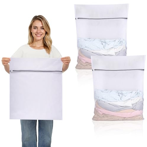 Dntorx Lot de 2 grands filets à linge, 50 x 60 cm, réutilisables, pour machine à laver, avec fermeture éclair, pour chemises, pulls, manteaux, pantalons (XL, blanc)
