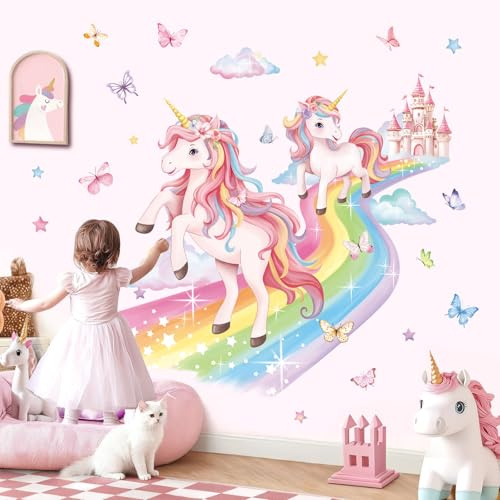 decalmile Pegatinas de Pared Unicornio Vinilos Decorativos Nubes Arcoiris