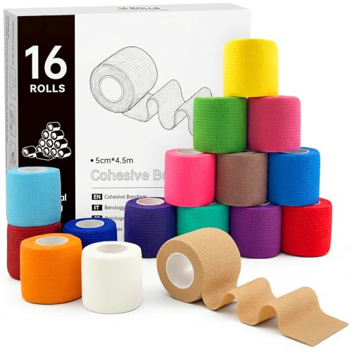 Rokehr 16 Rollen Selbstklebender Verband, 5cm×4,5m Elastischer Verband Selbstklebend, Selbsthaftende Bandage, Selbsthaftender Verbände, Fixierbinde, Haftbandage Selbstklebend für Menschen Pferde Hunde