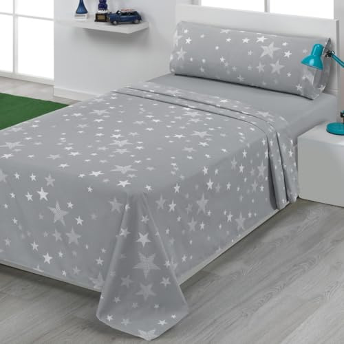 DHESTIA HOME Juego de Sábanas Infantil y Juvenil Algodón y Poliéster 50/50 Diseño Estrellas Gris Color Gris Talla Cama 90
