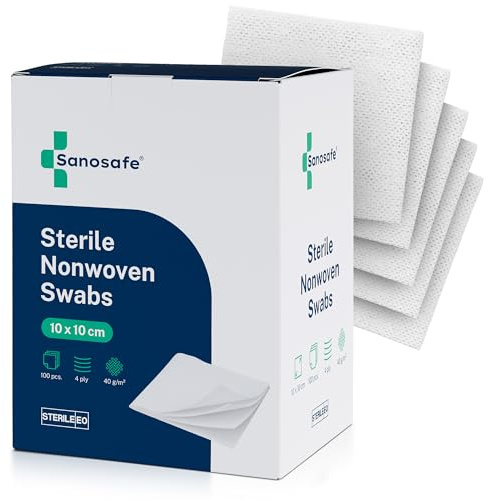 Sanosafe Compresses Stériles non tissées 10x10 cm 100 pièces | Pour soin des plaies | Douces, absorbantes & sans peluche