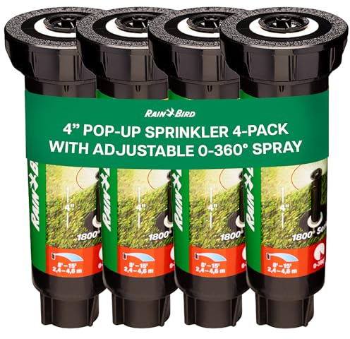 Rain Bird 1804VAN 1800 Series Professional 4 Inch Pop Up Sprinkler Head, 4 Pack - Lawn Sprinkler with Adjustable 0-360 Degree Arc Nozzle Pattern, Up to 15 Ft Spray Distance, 1/2 in NPT Threaded Inlet