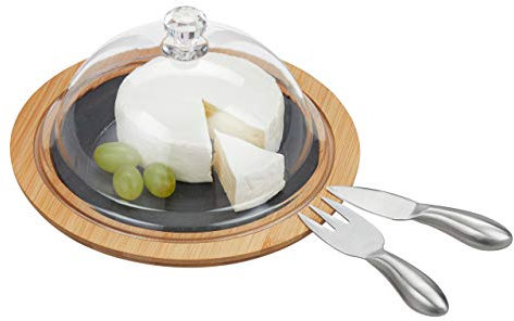 Relaxdays Käseglocke mit Käsebrett, Stahl Käsebesteck, Käsemesser, Käsegabel, Servierplatte, Bambus, Schiefer, Natur
