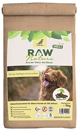 RAW Nature Trockenfutter Senior mit Huhn 5kg, Kaltgepresstes Hundefutter, Getreidefrei, 100% Muskelfleisch, hoher Fleischanteil, ohne künstliche Zusätze, für alle Rassen und Sensible Hunde